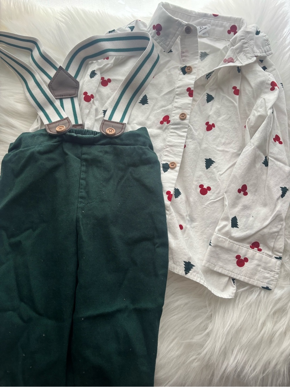 Disney Mickey Mouse  Holiday Shirt & Green Pants with Striped Suspenders